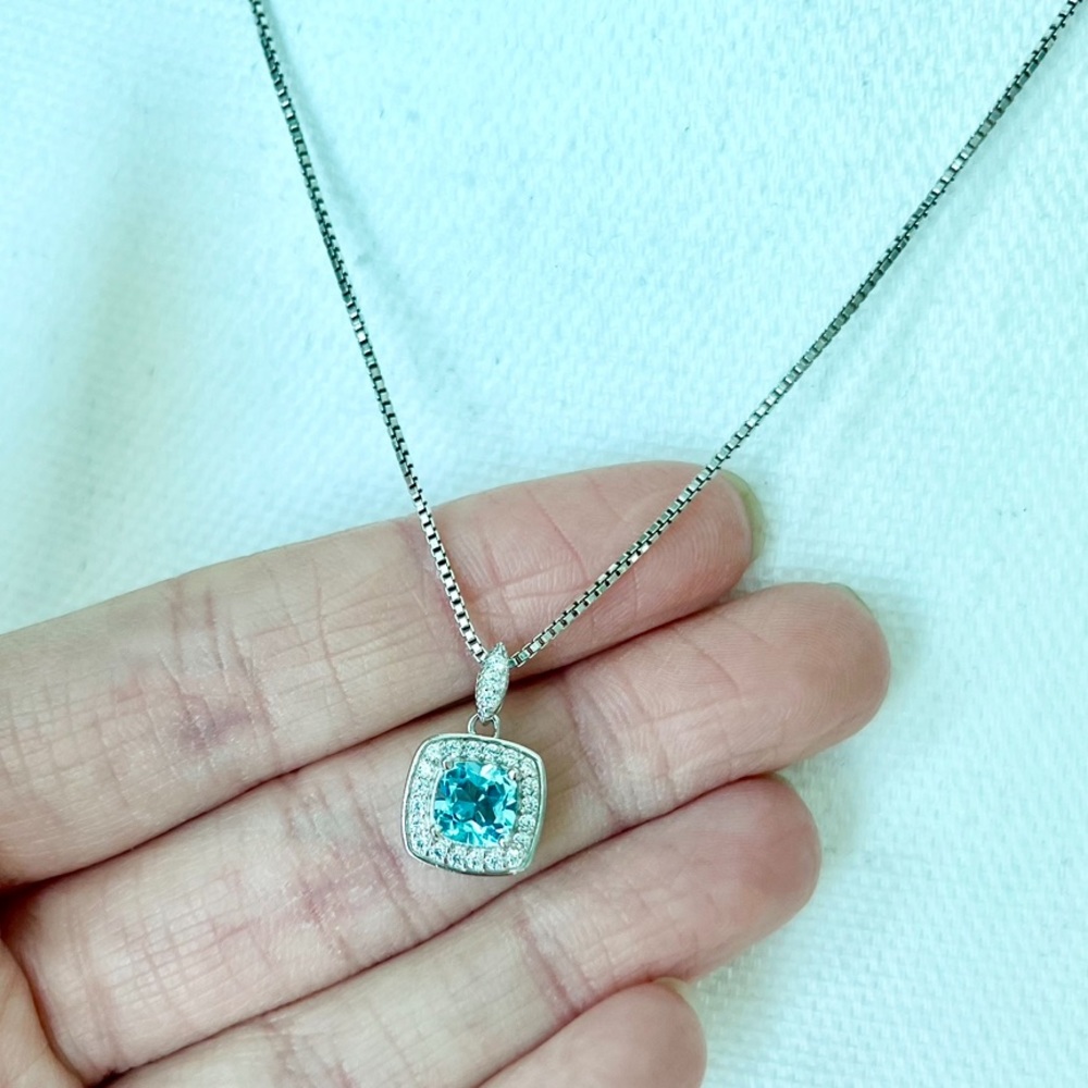 Sky Blue Topaz Halo Necklace 925 Sterling Silver